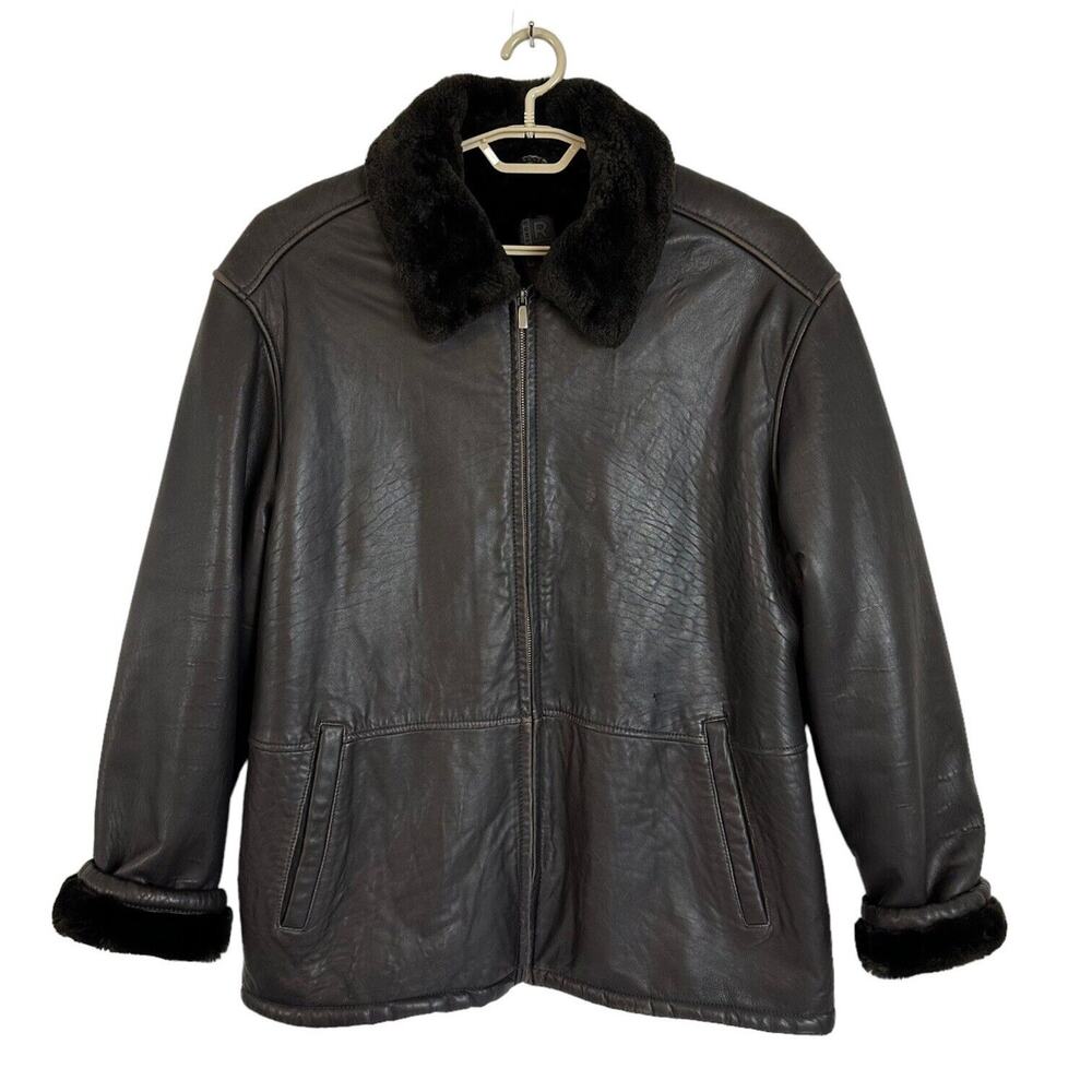 RC Comstock Expedition Aviator Flight Bomber Jacket Brown Leather Faux Fur Lined